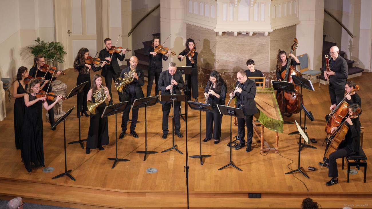 Foto van een grote klassiek muziek ensemble.